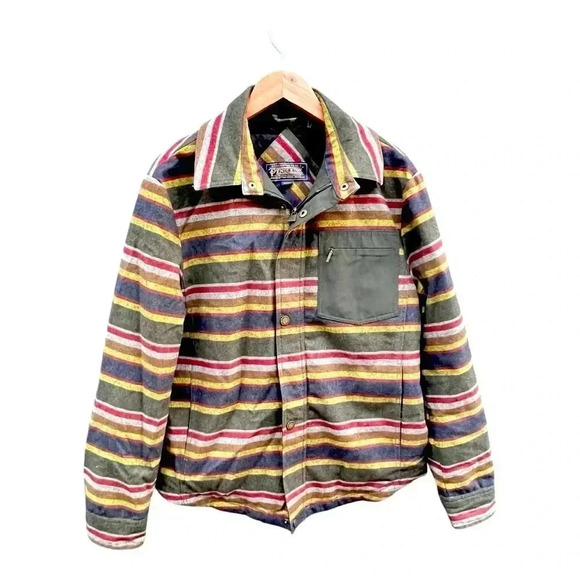 Men’s Pendleton Full Zip Botton Snap Striped Blanket Jacket Green/Brown Size M - Picture 2 of 15